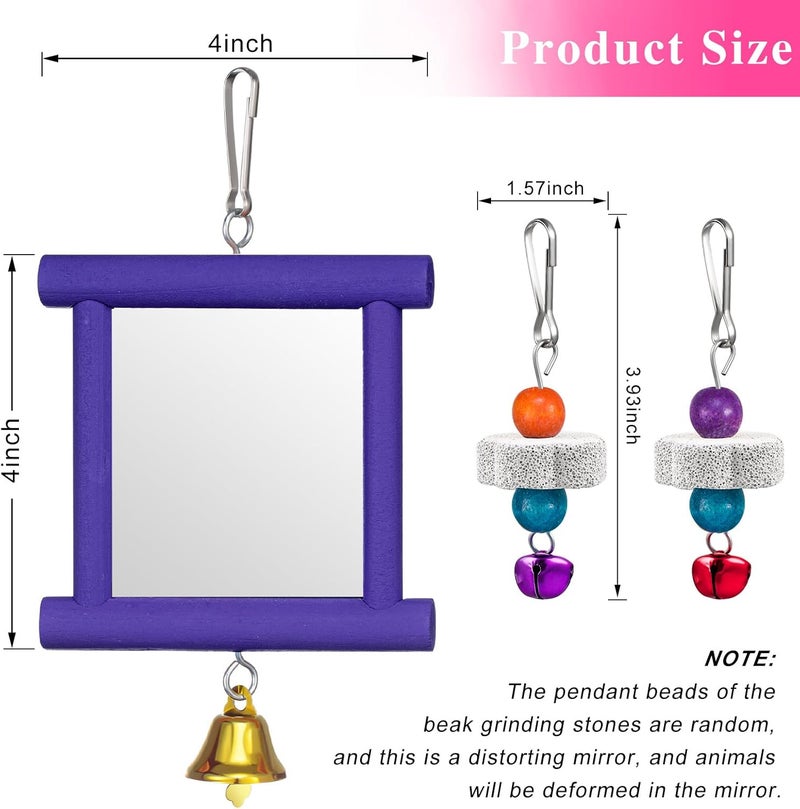 Sumind لعبة مرآة دجاج معلقة من قطعتين مع جرس ولعبة نقر خشبية و4 قطع من أحجار طحن المنقار للدجاج والطيور والببغاوات (أخضر، بنفسجي) - Image 2